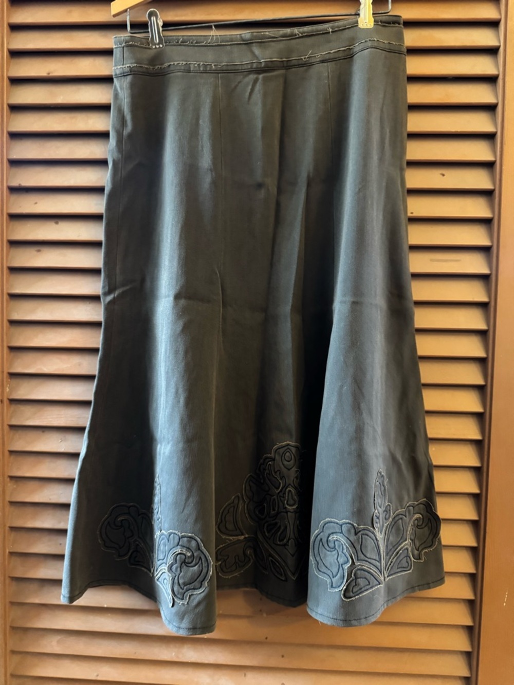 CAbi Black Midi A-Line Skirt with Embroidered Hem